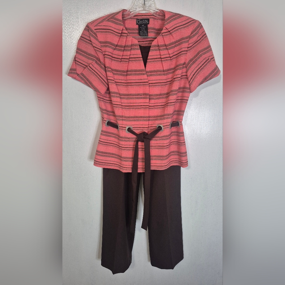 Kpetite Women's Striped Peach and Brown Pants Suit Size 6p